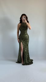 Donatella Yırtmaçlı Abiye Haki Yeşil