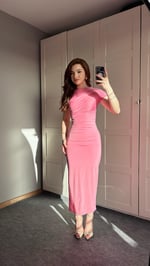 Drapeli Kısa Kol Pembe Elbise
