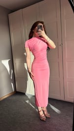 Drapeli Kısa Kol Pembe Elbise