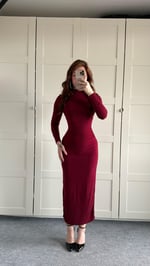 Drapeli Uzun Kol Maxi Elbise Bordo