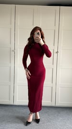 Drapeli Uzun Kol Maxi Elbise Bordo