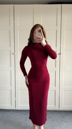 Drapeli Uzun Kol Maxi Elbise Bordo