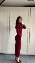 Drapeli Uzun Kol Maxi Elbise Bordo