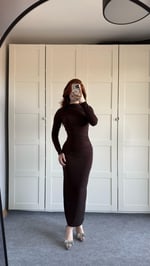 Drapeli Uzun Kol Maxi Elbise Kahverengi 