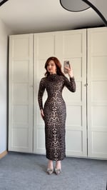 Drapeli Uzun Kol Maxi Elbise Leopar