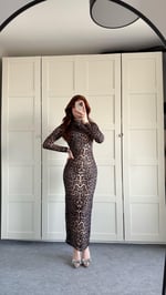 Drapeli Uzun Kol Maxi Elbise Leopar