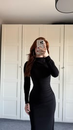 Drapeli Uzun Kol Maxi Elbise Siyah