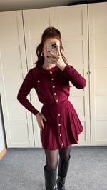 Düğmeli Hırka Triko Etek Takım Bordo