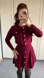 Düğmeli Hırka Triko Etek Takım Bordo