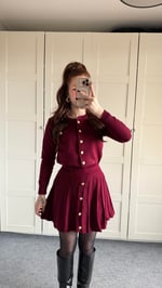 Düğmeli Hırka Triko Etek Takım Bordo