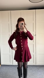Düğmeli Hırka Triko Etek Takım Bordo