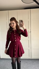 Düğmeli Hırka Triko Etek Takım Bordo
