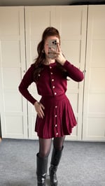 Düğmeli Hırka Triko Etek Takım Bordo