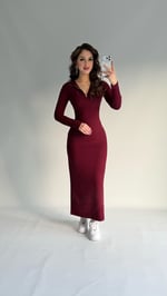 Fermuarlı Uzun Kol Fitilli Elbise Bordo