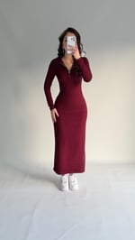 Fermuarlı Uzun Kol Fitilli Elbise Bordo