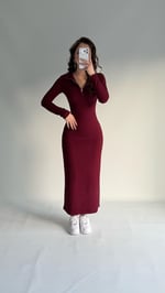 Fermuarlı Uzun Kol Fitilli Elbise Bordo