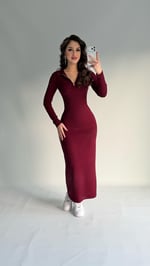 Fermuarlı Uzun Kol Fitilli Elbise Bordo