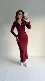 Fermuarlı Uzun Kol Fitilli Elbise Bordo