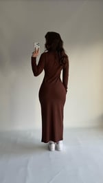 Fermuarlı Uzun Kol Fitilli Elbise Kahverengi