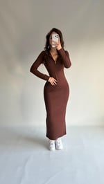 Fermuarlı Uzun Kol Fitilli Elbise Kahverengi