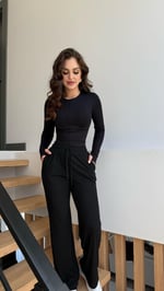Fitilli Pamuklu Rahat Eşofman Siyah