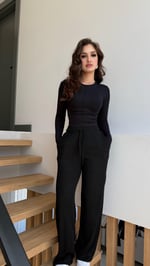 Fitilli Pamuklu Rahat Eşofman Siyah