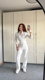 Fitilli Şeritli Hırka Takım Beyaz