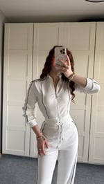 Fitilli Şeritli Hırka Takım Beyaz