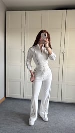 Fitilli Şeritli Hırka Takım Beyaz