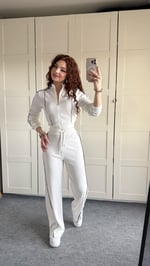 Fitilli Şeritli Hırka Takım Beyaz