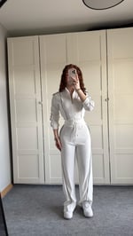 Fitilli Şeritli Hırka Takım Beyaz