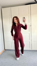 Fitilli Şeritli Hırka Takım Bordo