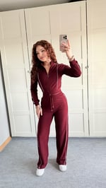 Fitilli Şeritli Hırka Takım Bordo