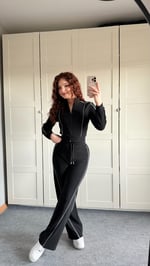 Fitilli Şeritli Hırka Takım Siyah