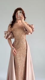 Gardenya Saten Kuyruklu Taşlı Abiye Gold