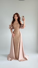 Gardenya Saten Kuyruklu Taşlı Abiye Gold