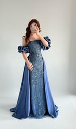 Gardenya Saten Kuyruklu Taşlı Abiye İndigo