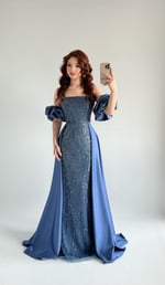 Gardenya Saten Kuyruklu Taşlı Abiye İndigo