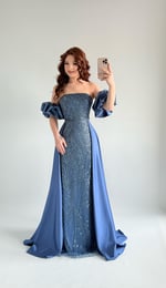 Gardenya Saten Kuyruklu Taşlı Abiye İndigo