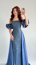 Gardenya Saten Kuyruklu Taşlı Abiye İndigo