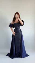 Gardenya Saten Kuyruklu Taşlı Abiye Lacivert
