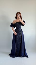 Gardenya Saten Kuyruklu Taşlı Abiye Lacivert