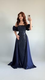Gardenya Saten Kuyruklu Taşlı Abiye Lacivert
