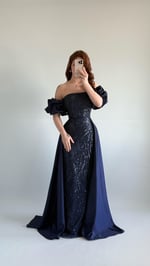 Gardenya Saten Kuyruklu Taşlı Abiye Lacivert