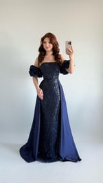 Gardenya Saten Kuyruklu Taşlı Abiye Lacivert