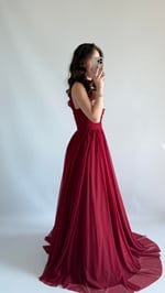 Göğsü Taşlı Tüllü Abiye Bordo