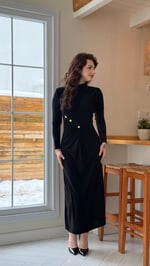Gold Düğme Asil Uzun Elbise Siyah