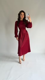 Hadid Saten Bel Korseli Elbise Bordo