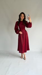 Hadid Saten Bel Korseli Elbise Bordo