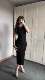 Halter Yaka Fitilli Midi Siyah Elbise